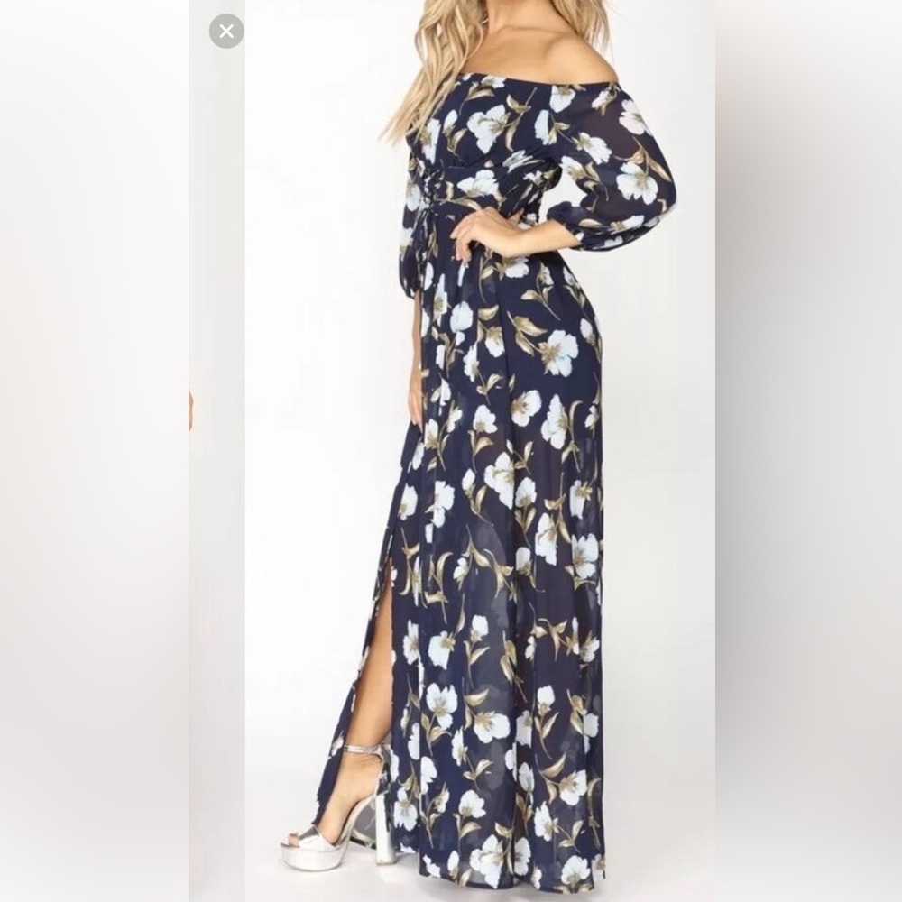 Fashion Nova A Beautiful Creation Navy Floral Off Shoulder Maxi Dress XL